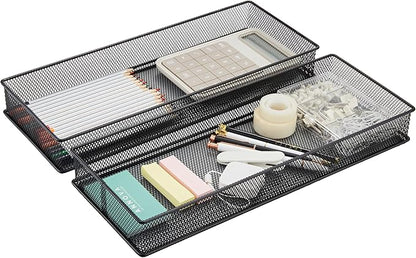 Annova Mesh Stackable Drawer Cabinet and Shelf Organizer Bins Storage Basket School Office Supply Holder Tray- Set of 2 (Black, 6x15x2 Inch)