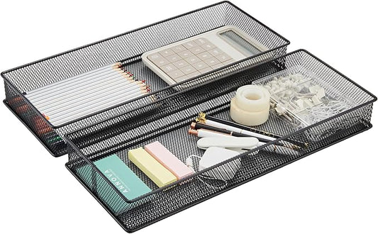 Annova Mesh Stackable Drawer Cabinet and Shelf Organizer Bins Storage Basket School Office Supply Holder Tray- Set of 2 (Black, 6x15x2 Inch)