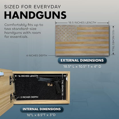 American Flag Hidden Gun Safe - Quick Access Hidden Gun Shelf - Concealment Shelf with Magnetic Lock - Wall Gun Safe for Secure Firearm Storage - Handcrafted In USA by Bellewood Designs (Whitewashed)