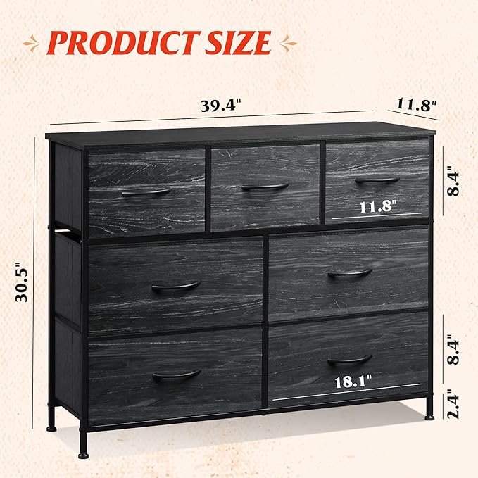 WLIVE 7 Drawer Dresser TV Stand, Entertainment Center, Media Console Table with Metal Frame and Wood Top for TV up to 45 inch, Chest of Drawers for Bedroom, Charcoal Black Wood Grain Print