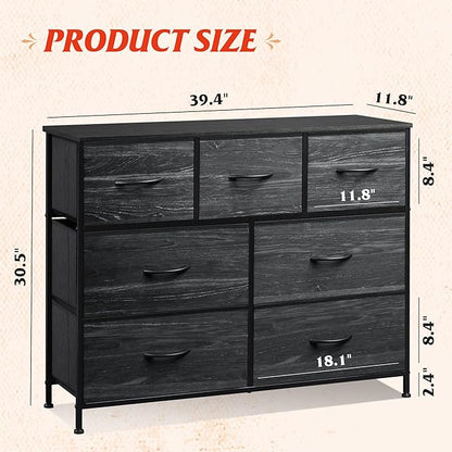 WLIVE 7 Drawer Dresser TV Stand, Entertainment Center, Media Console Table with Metal Frame and Wood Top for TV up to 45 inch, Chest of Drawers for Bedroom, Charcoal Black Wood Grain Print