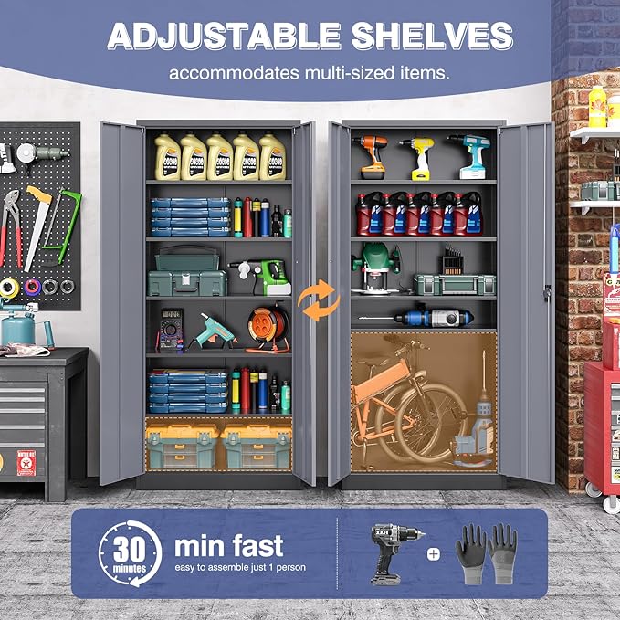 72 Inch Metal Cabinet,Locking Storage Cabinet with 2 Doors and 4 Adjustbale Shelves,Steel Tool Cabinet for Garage,Basement,Home Office,Gym(Grey& Black)