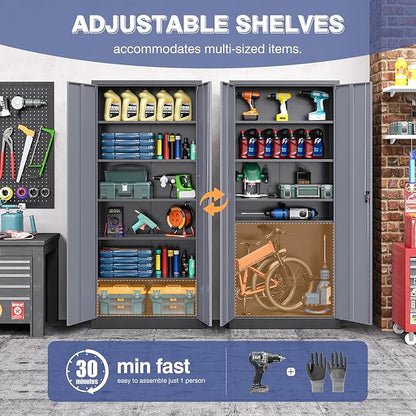 72 Inch Metal Cabinet,Locking Storage Cabinet with 2 Doors and 4 Adjustbale Shelves,Steel Tool Cabinet for Garage,Basement,Home Office,Gym(Grey& Black)