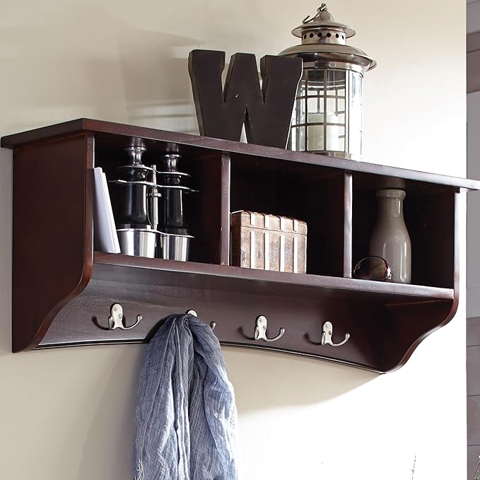 Shaker Cottage Wall-Mounted Coat Rack with 3 Storage Cubbies and 4 Hooks – Space-Saving Storage Rack and Wall Shelf Organizer for Entryway, Hallway, or Mudroom by Alaterre Furniture (Espresso Finish)