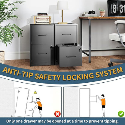 2 Drawer File Cabinet with Lock, Vertical Filing Cabinets for Home Office, Metal Storage Cabinet, Heavy Duty File Cabinet for Under Desk, Amsseble Required, Black