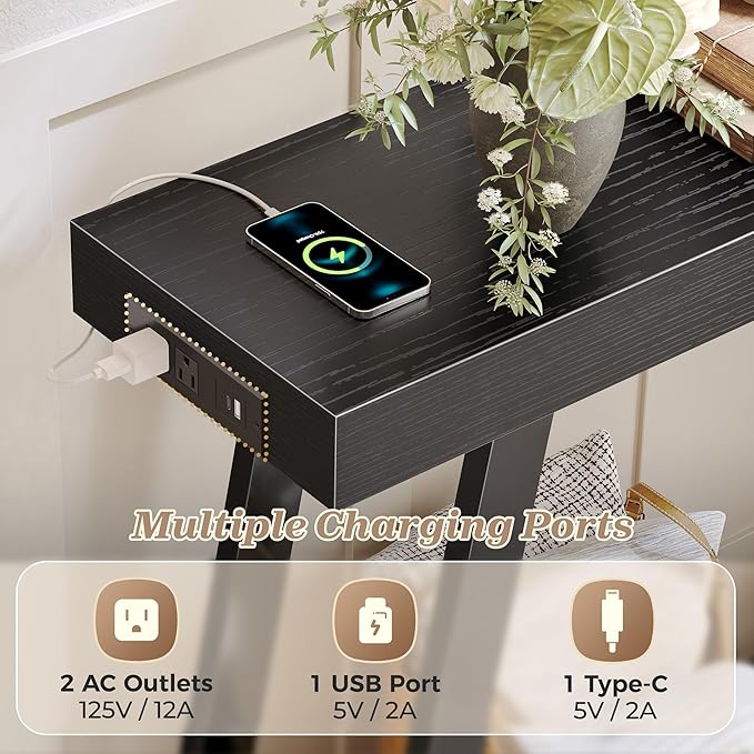 Huuger Console Table with Charging Station, USB-C Port, 2 Tiers Entryway Table, 53.9 Inch Sofa Table with Metal Legs, Entry Hallway Table with Thicker Desktop, Modern Behind Couch Table, Black