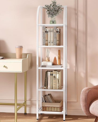 Bookcase Bookshelf, Tempered Glass Arched Bookshelf for More Storage, Slim Shelving Unit for Bedroom, Bathroom, Home Office, Steel Frame, 5 Tier White BC20599W