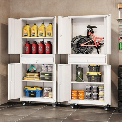 DEVAISE Metal Garage Storage Cabinet with Locking Doors and Adjustable Shelves, Rolling Tool Cabinet with Drawer for Garage,Warehouse,Home,Office (White)