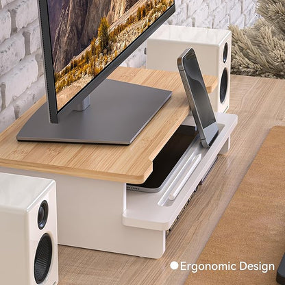 Monitor Stand Monitor Stand Riser for Desk,Wood Desk Shelf Storage Organizer with Phone Tablet Holder (16.5 Inch, White & Natural Bamboo)
