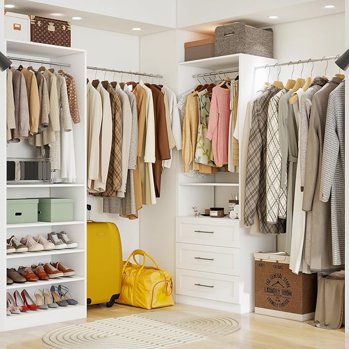 Closet System with Drawers of 2 Sets, 4FT-10FT Walk in Closet Organizers and Storage with Hanging Rods & Adjustable Shelves, Free-Standing Modular Closet Systems, White