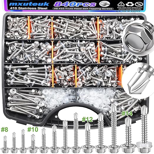 mxuteuk 840PCS #8#10#12#14 Self Tapping Screws for Metal,410 Stainless Steel Self Drilling Screws,Hex Head 1/2" to 1-1/2'' Self Tapping Screw for Plastic(420pcs Silver Screw+420pcs Washer)