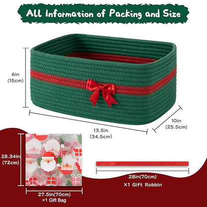 OIAHOMY Large Woven Storage Basket with Handles for Nursery Living Room Shelves, Bow Basket for Gifts Empty with Gift Bags and Ribbons for Baby Showers Pet Toy Bin - Christmas Green