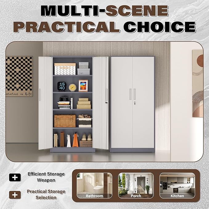 Metal Garage Storage Cabinet, 72” Lockable File Cabinets with 2 Doors and 4 Adjustable Shelves, Steel Tool Cabinets with Lock for Office, Home, Living Room, Grey White