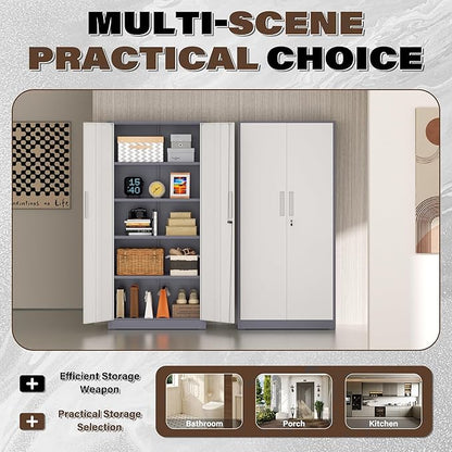 Metal Garage Storage Cabinet, 72” Lockable File Cabinets with 2 Doors and 4 Adjustable Shelves, Steel Tool Cabinets with Lock for Office, Home, Living Room, Grey White