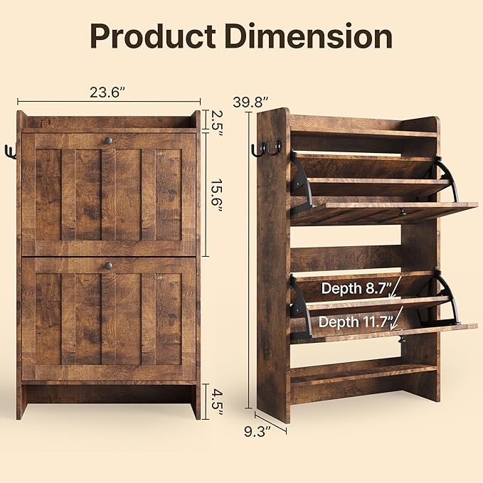 Gizoon Shoe Cabinet with 2 Flip Drawers, Shoe Organizer Storage for Entryway, Freestanding Narrow Rack Cabinet with Space-Saving, for Hallway, Retro