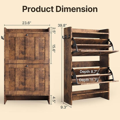 Gizoon Shoe Cabinet with 2 Flip Drawers, Shoe Organizer Storage for Entryway, Freestanding Narrow Rack Cabinet with Space-Saving, for Hallway, Retro