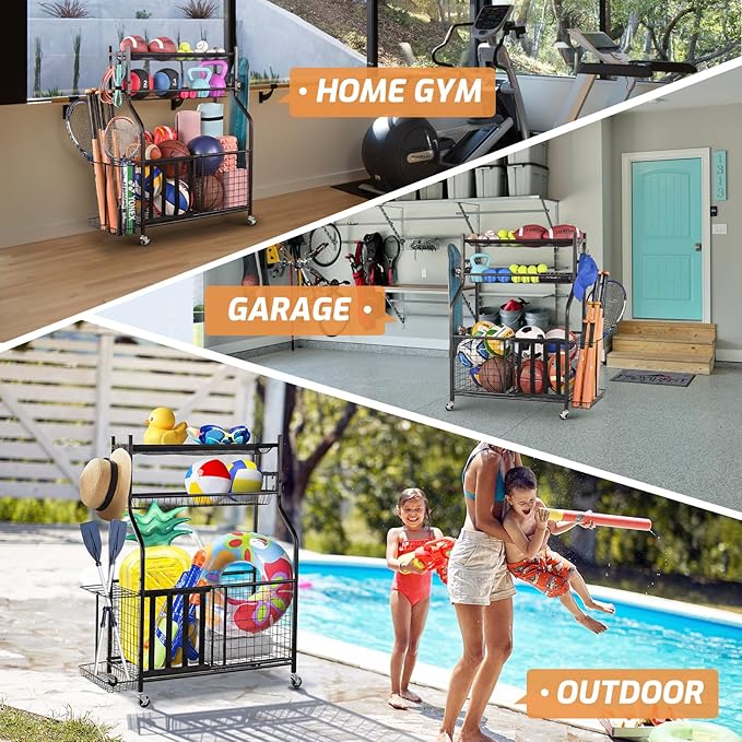 PLKOW Sports Equipment Storage for Garage, Indoor/Outdoor Sports Rack for Garage, Ball Storage Garage Organizer with Basket and Hooks,Toy/Sports Gear Storage