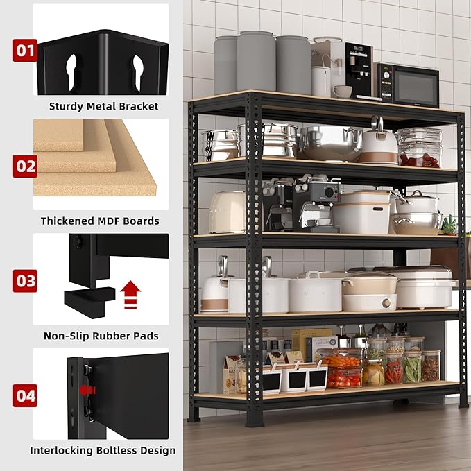 5-Shelf Heavy Duty Shelving - Adjustable Garage Storage Shelves, Metal Utility Storage Racks for Warehouse Pantry Basement Kitchen, Garage Organizers Shelf Unit, Black
