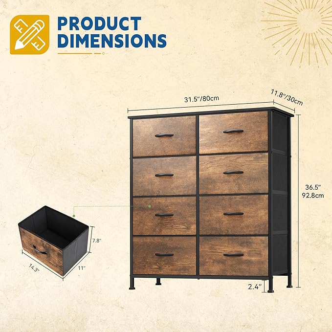 DWVO Fabric Dresser for Room, Rustic Storage 8 Drawers, Dresser & Chest of Drawers, Storage Drawer Organizer for Closet, Living Room