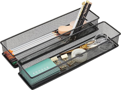 Annova Mesh Stackable Drawer Cabinet and Shelf Organizer Bins Storage Basket School Office Supply Holder Tray- Set of 2 (Black, 3x12x2 Inch)