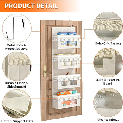 Aokeyee 4 Tier Over The Door Organizer Storage Nursery, Boho Door Organizer Hanging with Tassels and Clear Window, 55lb Behind The Door Storage for Baby Nursery, Bedroom, Bathroom, Laundry, Pantry