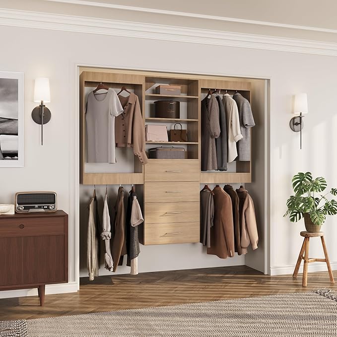ROOMTEC Modular Closet System, 72" Wall-Mounted Closet Organizer with Drawers and Hanging Rods, Wooden Tower for Walk-In Closets, Wardrobe Storage Kit, Wood