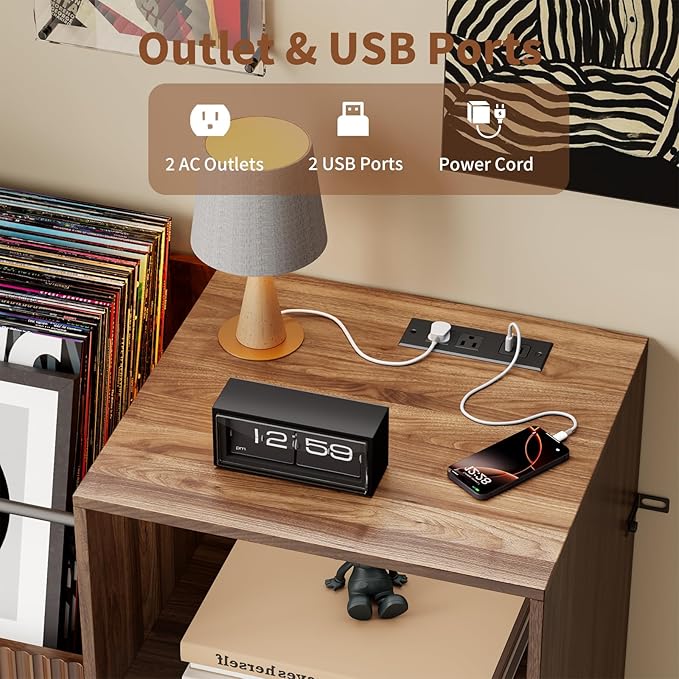 Large Record Player Stand with Power Outlets & LED Lights, Record Player Table Cabinet with Vinyl Record Storage Holds up to 300 Albums, Turntable Stand for Living Room, Bedroom