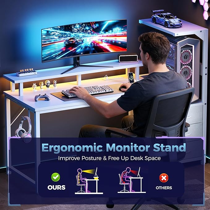 DUMOS L Shaped Gaming Desk with Shelves Storage Drawers 52'', White Computer Desks with LED Lights Power Outlets, Office Wood Table with PC Stand Cable Management for Bedroom Dual Monitor Streaming
