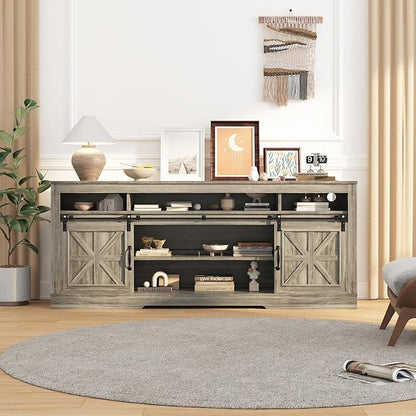 Garvee TV Stand Table for 75 in Television, Media Console Table with Open Storage, Power Outlets, Barn Doors, Entertainment Center with Adjustable Shelves for Home & Office, 66 in Width, Grey