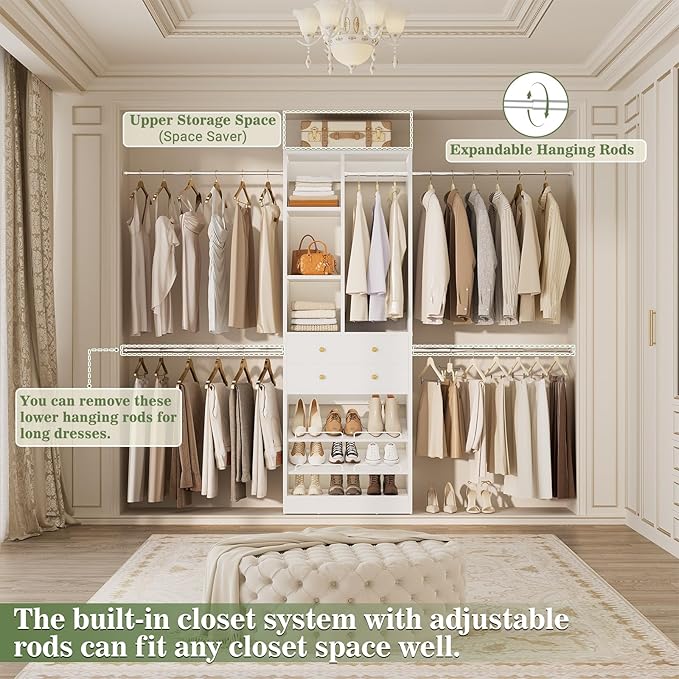 Closet System, 4.2–8.8 FT Closet Organizer with 2 Wooden Drawers and Shelves, Walk-in Closet System with 5 Hang Rods, Built-in Reach in Closet Tower, Can Fit 60 to 96 inch, White