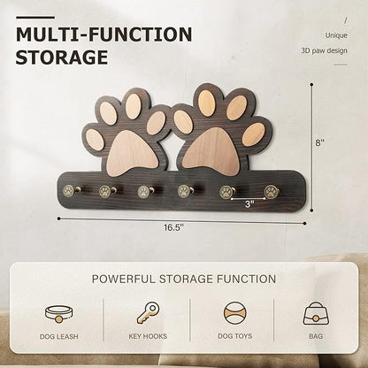 MTERSN Farmhouse Key Holder for Wall - Decorative Dog Leash Hanger Wall Mounted and Coat Rack with 6 Unique 3D Pet Claw Hooks - Dog Accessories Organizer for Rustic Home Decor (Dark Brown)