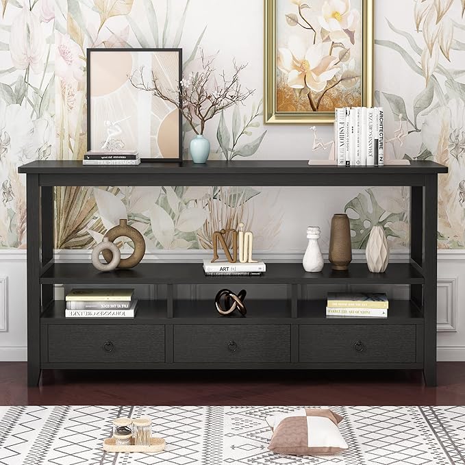 VINGLI 58" Console Table, Long Entryway Table with 3 Drawers & 2 Storage Shelves, Vintage Sofa Table Behind Couch, TV Stands for Living Room, Entryway, Hallway, Foyer, Office, Black