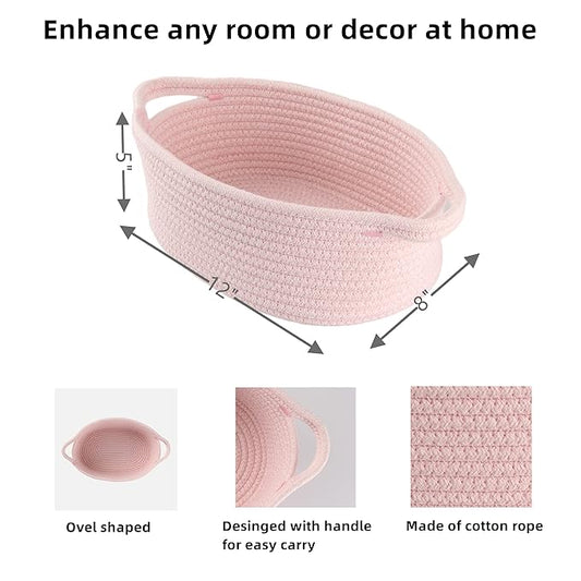 Small Woven Basket Cute Oval Cotton Rope Gifts Basket with Handle Empty Baby Wicker Storage Basket nursery Box Bin kids organizer Cat Dog toy basket Easter Basket light pink