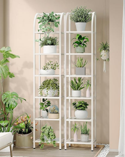 Bookcase Bookshelf, Tempered Glass Arched Bookshelf for More Storage, Slim Shelving Unit for Bedroom, Bathroom, Home Office, Steel Frame, 6 Tier White BC20699W