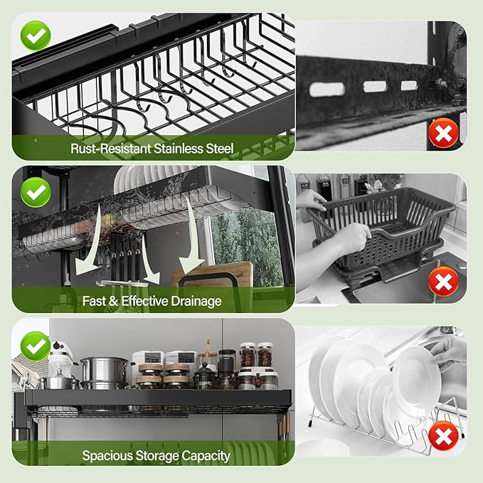 Over Sink Dish Drying Rack, 3-Tier Full Stainless Steel Drainer Dish Rack Adjustable 20.9''-37.4'', Expandable Multifunctional Kitchen Organizer