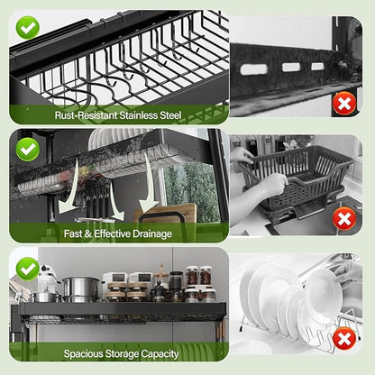 Over Sink Dish Drying Rack, 3-Tier Full Stainless Steel Drainer Dish Rack Adjustable 20.9''-37.4'', Expandable Multifunctional Kitchen Organizer