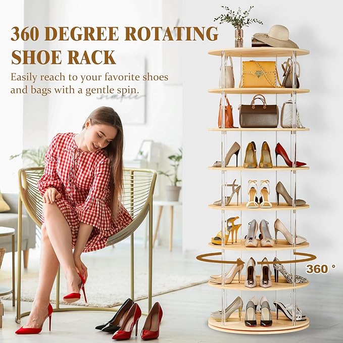 7-Tier Rotating Shoe Rack, 360 Degree Spinning Shoe Rack Tower, Lazy Susan Storage Tower Made of Acrylic and Wood, Round Rotating Organizer Shelf for Closet, Entryway and Bedroom