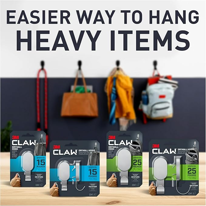 3M CLAW 15 lb. 2 Drywall Silver Hooks & 2 Extra Picture Hangers, Heavyweight Hanging Solution for Backpacks, Jackets, Pictures and Room Decor, Cute Wall Hooks - 4 Pack