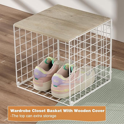 3PCS Stackable Closet Organizers and Storage, Closet Shelves with Wood Top Extra Storage, Clothes Storage Organizer Basket Bin/Cube for Home Wardrobe Organization(White-Sturdy Metal) Patent Pending