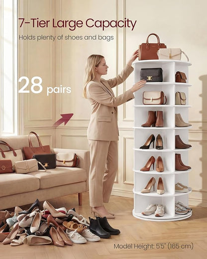 VASAGLE 7-Tier Rotating Shoe Rack Tower, Free Standing 360 Degree Spinning Shoe Organizer, Lazy Susan Bag Display Storage Rack, for Corners, Closets, Small Spaces, White ULBS047WZ01