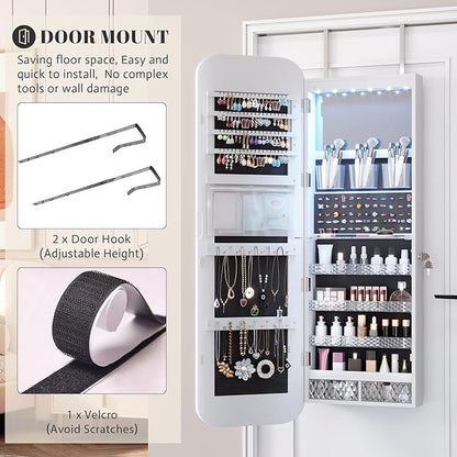 Vlsrka 6 LEDs Mirror Jewelry Cabinet Door Hanging, 47.2" Wall Mounted Jewelry Cabinet, Lockable Full Length Mirror with Storage, Rounded Corner Mirror Jewelry Organizer, 2 Drawers, White