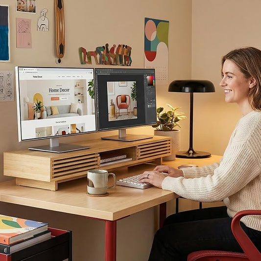 Dual Monitor Stand Riser with Sliding Door, Double Computer Laptop Stand Desk Shelf Organizer with Storage (Natural Bamboo, 38 Inch)