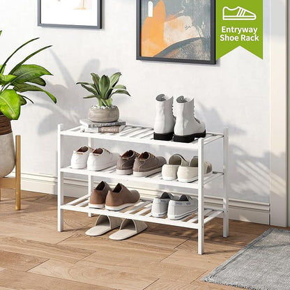 BMOSU 3-Tier Bamboo Shoe Rack Premium Stackable Shoe Shelf Storage Organizer for Hallway Closet Living Room Entryway Organizer(White Bamboo)