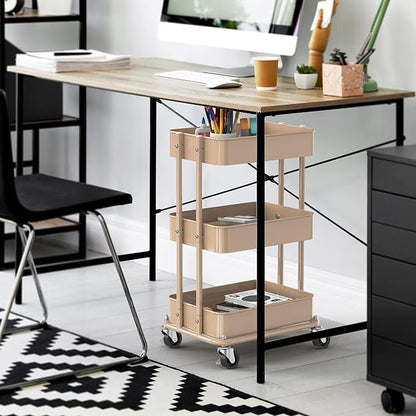 Simple Houseware 3-Tier Compact Utility Rolling Cart, Low 24” Height Fits Under Desk, Space-Saving Storage for Home Office, Dining Room, or Kitchen, Khaki