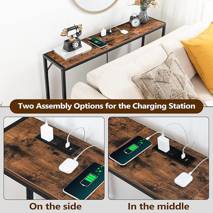 Sofa Table with Power Outlet, 43.7" Console Table with USB Ports, Behind Couch Table, Entryway Table for Living Room, Hallway, Foyer, Metal Frame, Adjustable Feet, Rustic Brown CTHR11E01Z1N1