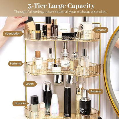 Aveniee Corner Bathroom Counter Organizer, Bathroom Countertop Shelf Makeup Organizer for Vanity Perfume Tray for Corner Storage (3 Tiers, Gold)