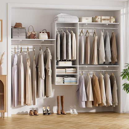 Cyclysio 96 Inch Closet System, 8 FT Hanging Closet Organizer System, Walk in Closet System with 4 Adjustable Rods and 3 Shelving Towers for 4-8FT Spaces(Cut-to-Fit), White