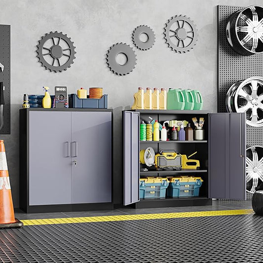 36" H Metal Storage Cabinet, Black Metal Cabinet with 2 Lockable Doors and 2 Adjustable Shelves, Garage Storage Cabinet for Home Office, Garage, School, Apartment, Warehouse
