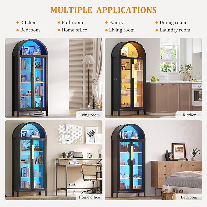 Display Cabinet with Glass Doors, 5-Tier Tall Curio Cabinet with LED Lights Display Case for Collectibles, Black