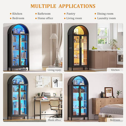 Display Cabinet with Glass Doors, 5-Tier Tall Curio Cabinet with LED Lights Display Case for Collectibles, Black